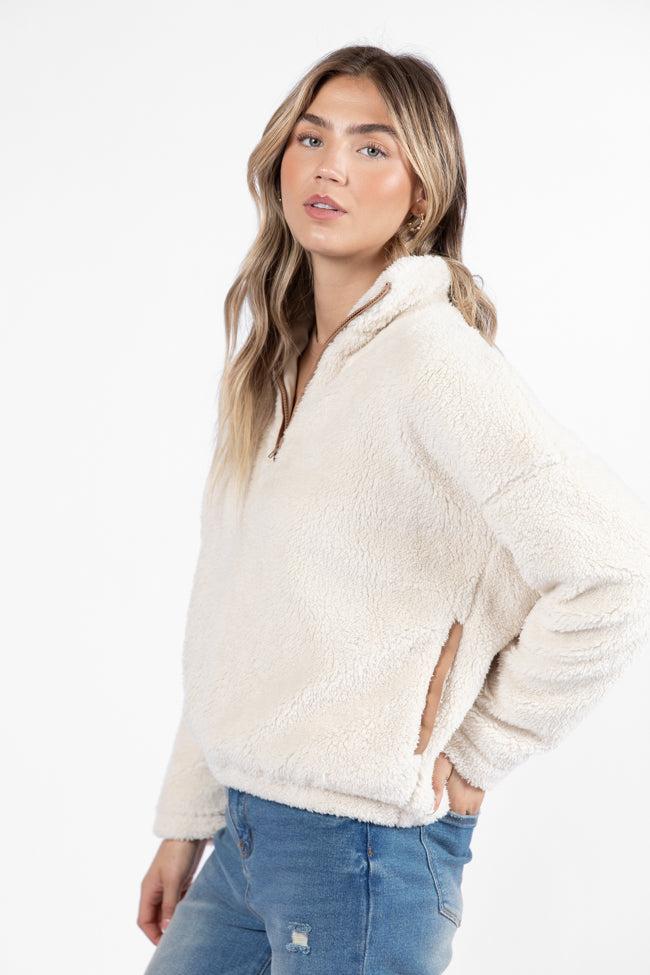 Stay Here Beige Contrast Trim Sherpa Pullover SALE Product Image