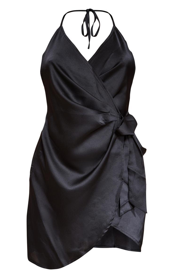 Black Satin Halterneck Wrap Bodycon Dress Product Image