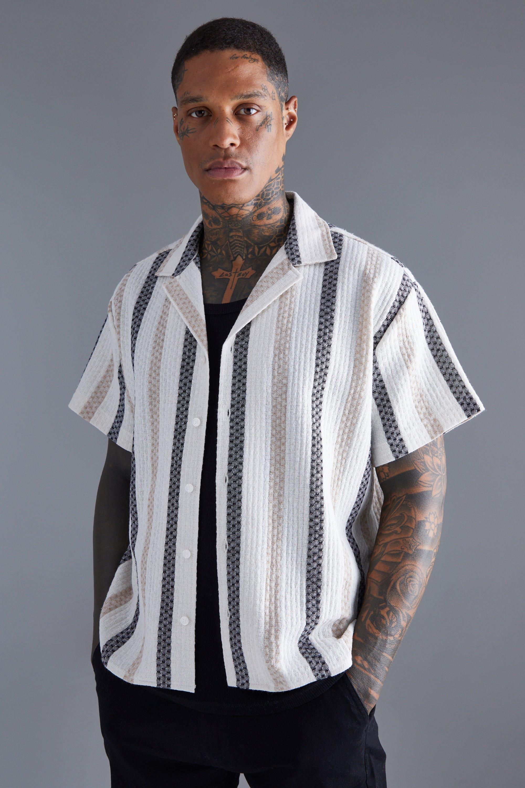 Mens Beige Oversized Revere Linen Look Stripe Shirt, Beige Product Image