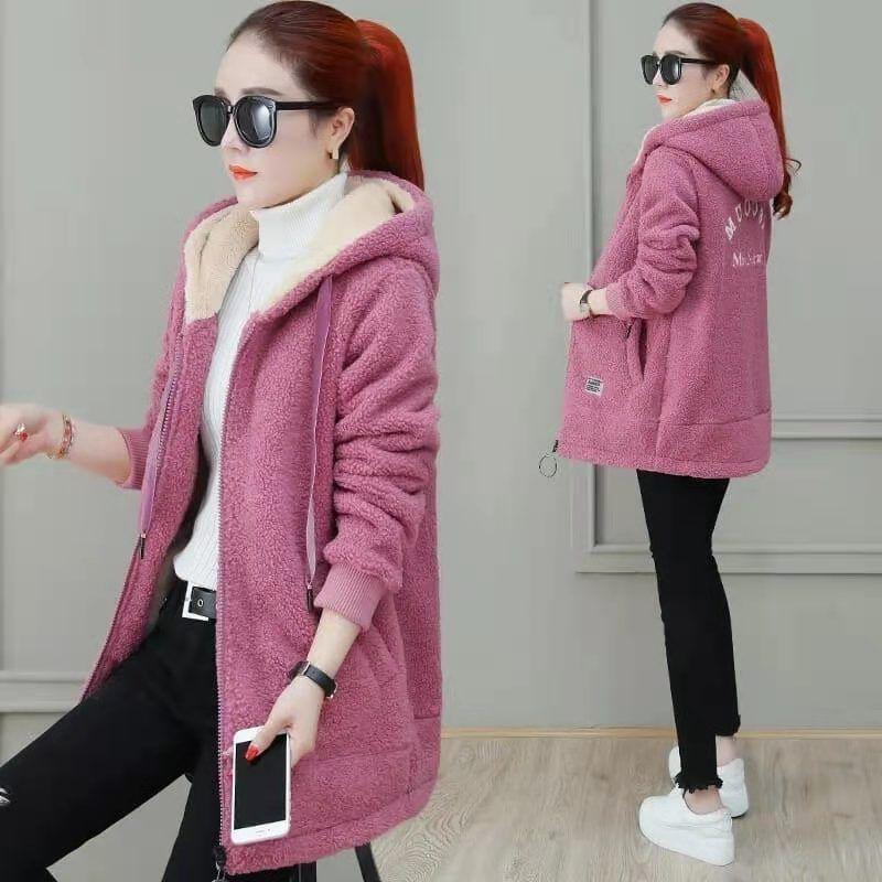 Plain Hooded Faux Shearling Long Zip Jacket Product Image