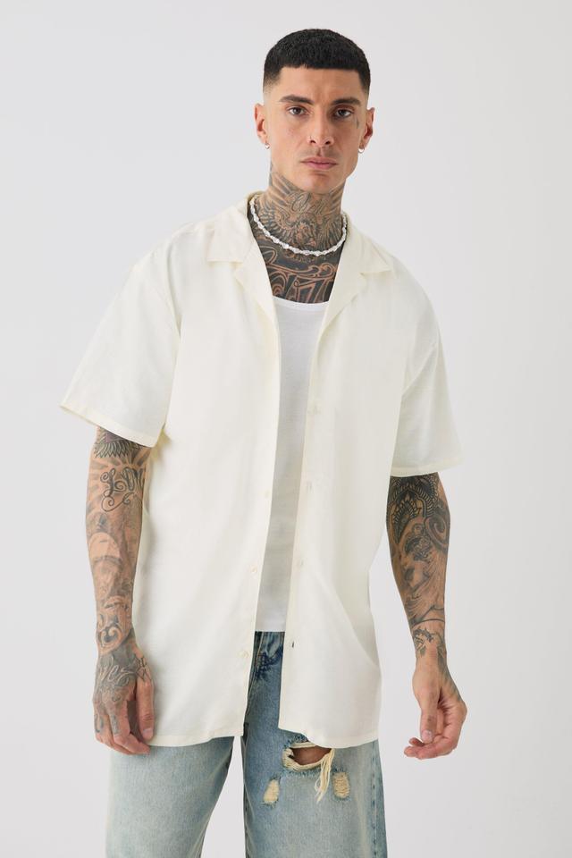 Mens Cream Tall Linen Oversized Revere Shirt In Ecru, Cream Product Image