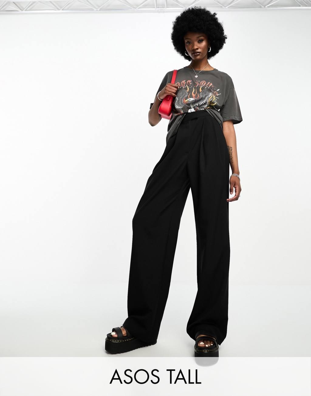 ASOS DESIGN Tall tailored wide leg pants with pleat detail in black product image