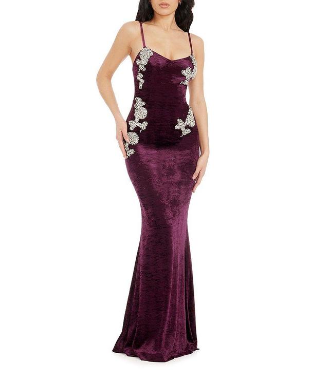 Dress the Population Giovanna Crushed Velvet Sequin Applique V-Neck Sleeveless Mermaid Gown Product Image