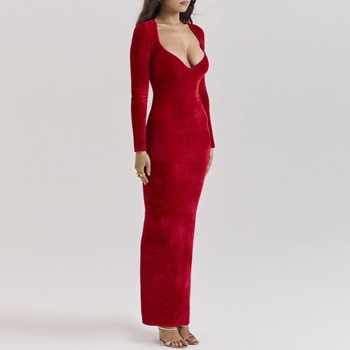 Long-Sleeve Sweetheart-Neckline Midi Velvet Bodycon Dress Product Image