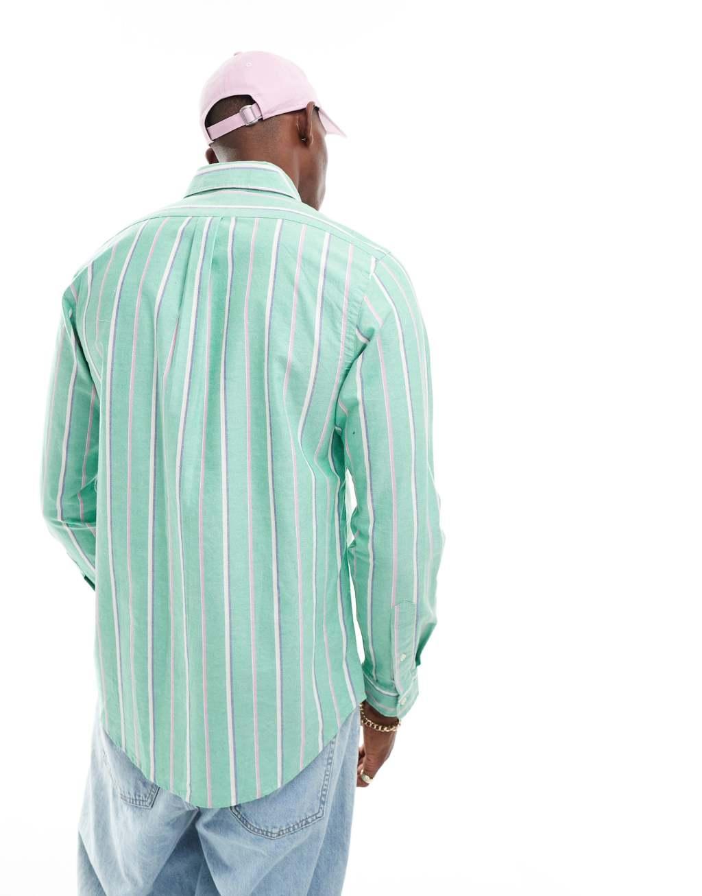 Polo Ralph Lauren icon logo stripe oxford shirt in green/pink Product Image