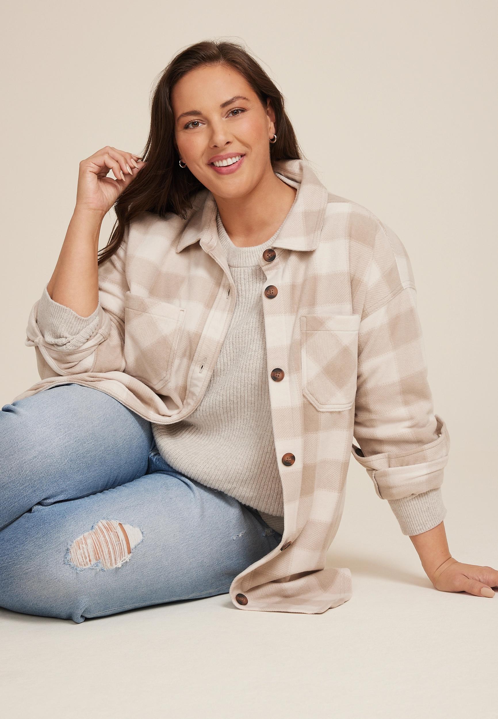 Maurices Plus Size Womens Wilder Plaid Fleece Shacket Beige Size 4X Product Image