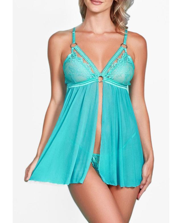 Hauty Womens 2 Piece Eyelash Lace and Mesh Babydoll Lingerie Set - Teal Product Image