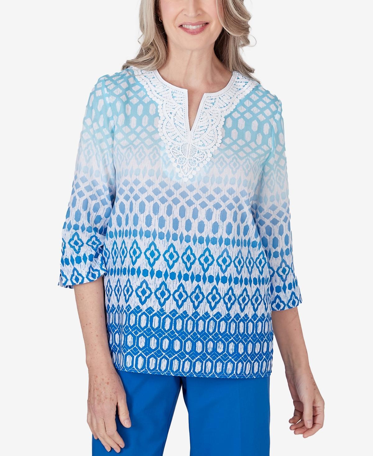 Womens Alfred Dunner Ombre Diamond Print Lacey V-Neck Tunic Top Blue Blue Product Image