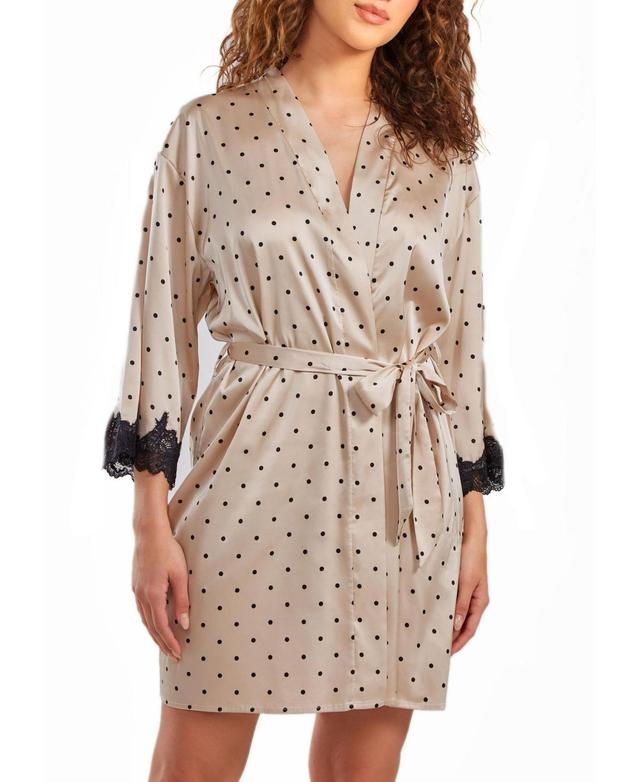 iCollection Womens Kareen Dotted Satin Robe with Lace Trimmed Sleeves and Self Tie Sash Product Image