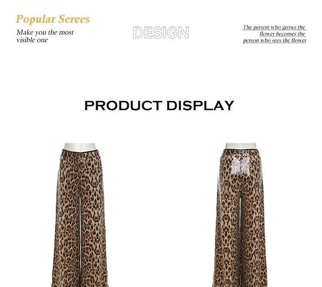 High Waist Leopard Print Sequin Wide Leg Pants Product Image