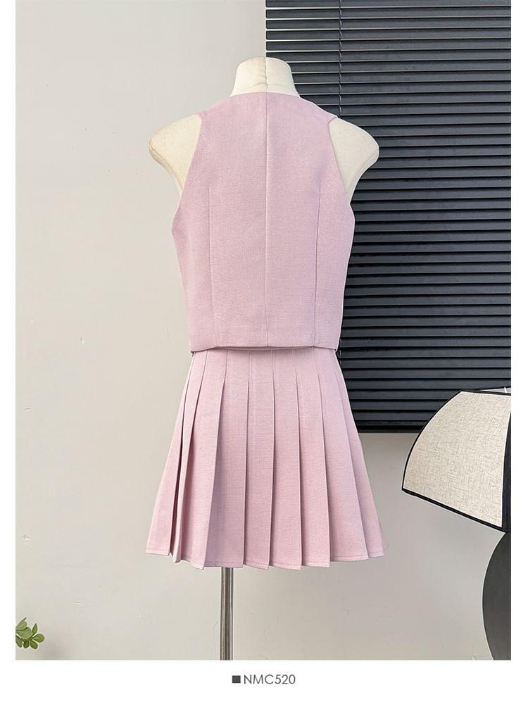 Set: Dress Vest + High-Waist Pleated Mini Skirt Product Image