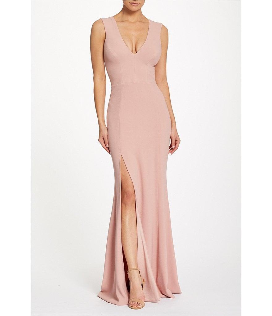 Dress the Population Sandra Crepe Plunge V-Neck Sleeveless Side Slit Gown Product Image