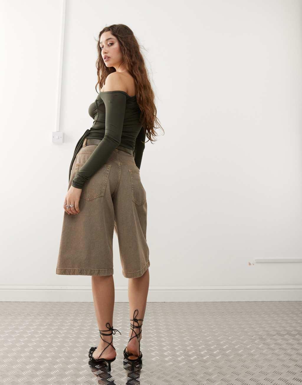 Weekday Eli asymmetric long sleeve top with drape tie detail in khaki Product Image