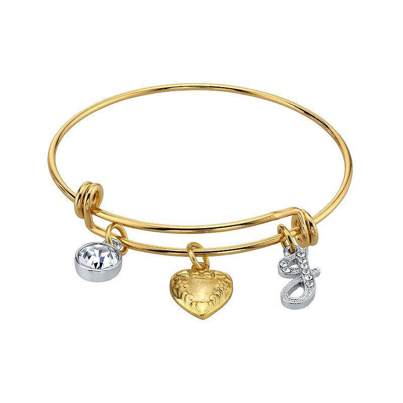 1928 Two Tone Crystal, Heart & Initial Charm Bangle Bracelet, Womens Product Image