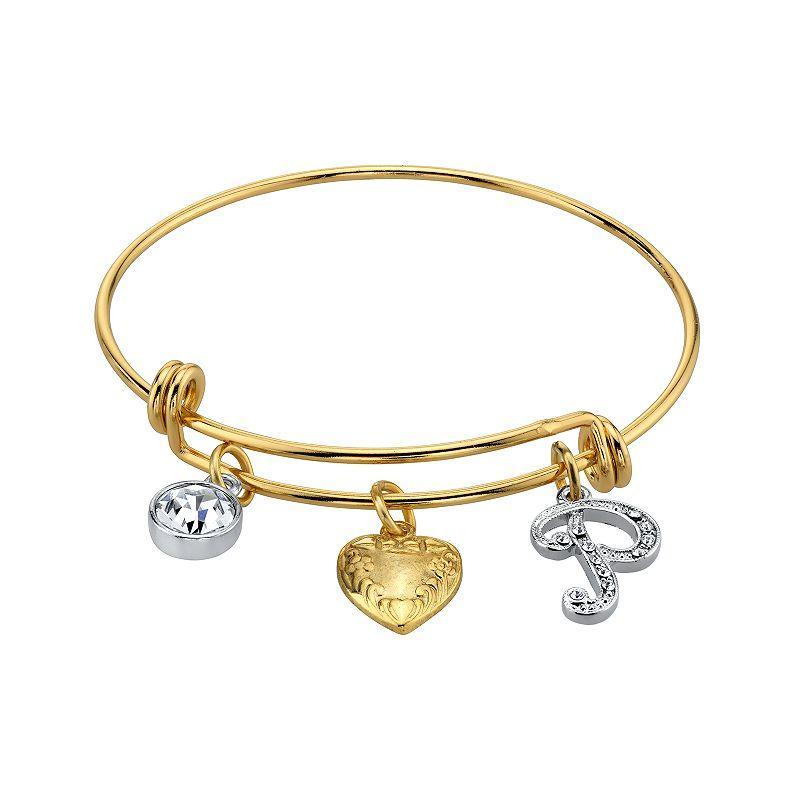 1928 Two Tone Crystal, Heart & Initial Charm Bangle Bracelet, Womens Product Image