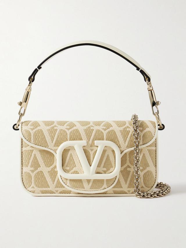 VALENTINO GARAVANI Locò Leather-trimmed Embroidered Raffia Shoulder Bag In Brown Product Image