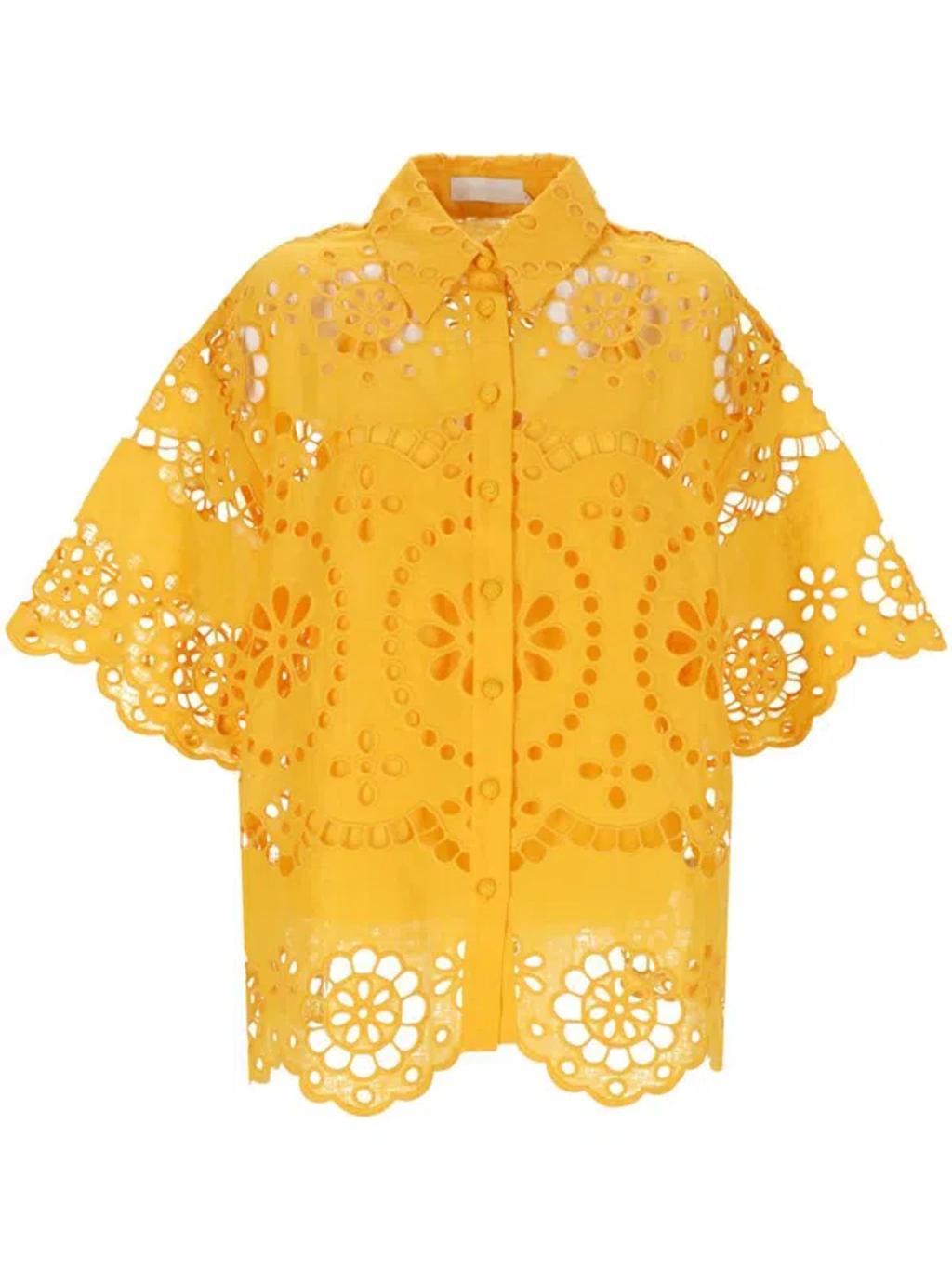 ZIMMERMANN Pop Embroidered Linen Eyelet Shirt In Yellow Product Image