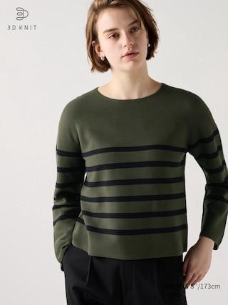 Womens 3D Knit Cotton Crew Neck Sweater Striped Olive XL UNIQLO US Product Image