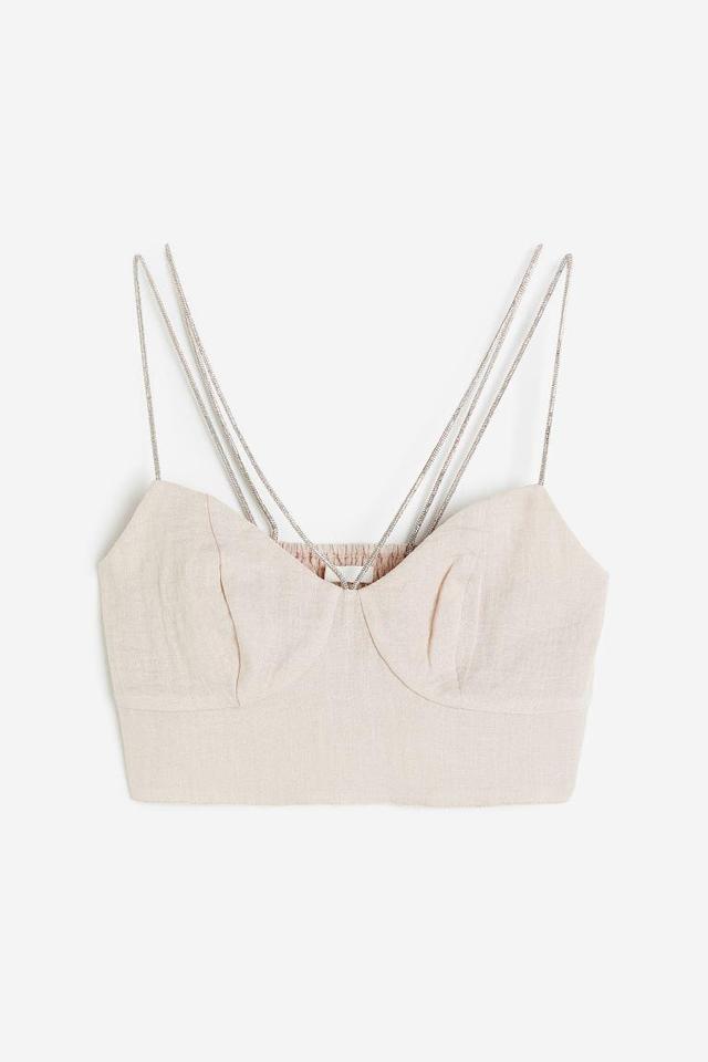 H & M - Rhinestone-strap Crop Top - Beige Product Image