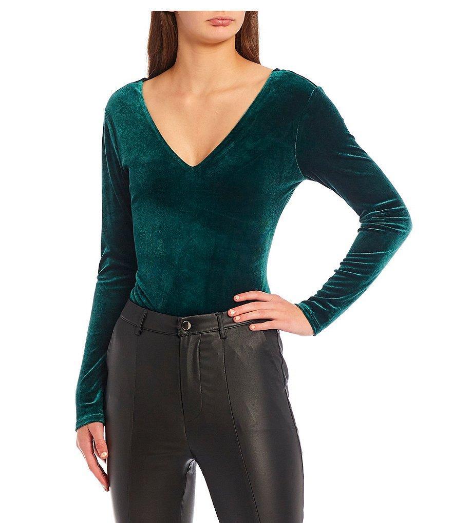 GB Long Sleeve V-Neck Knit Velvet Bodysuit Product Image