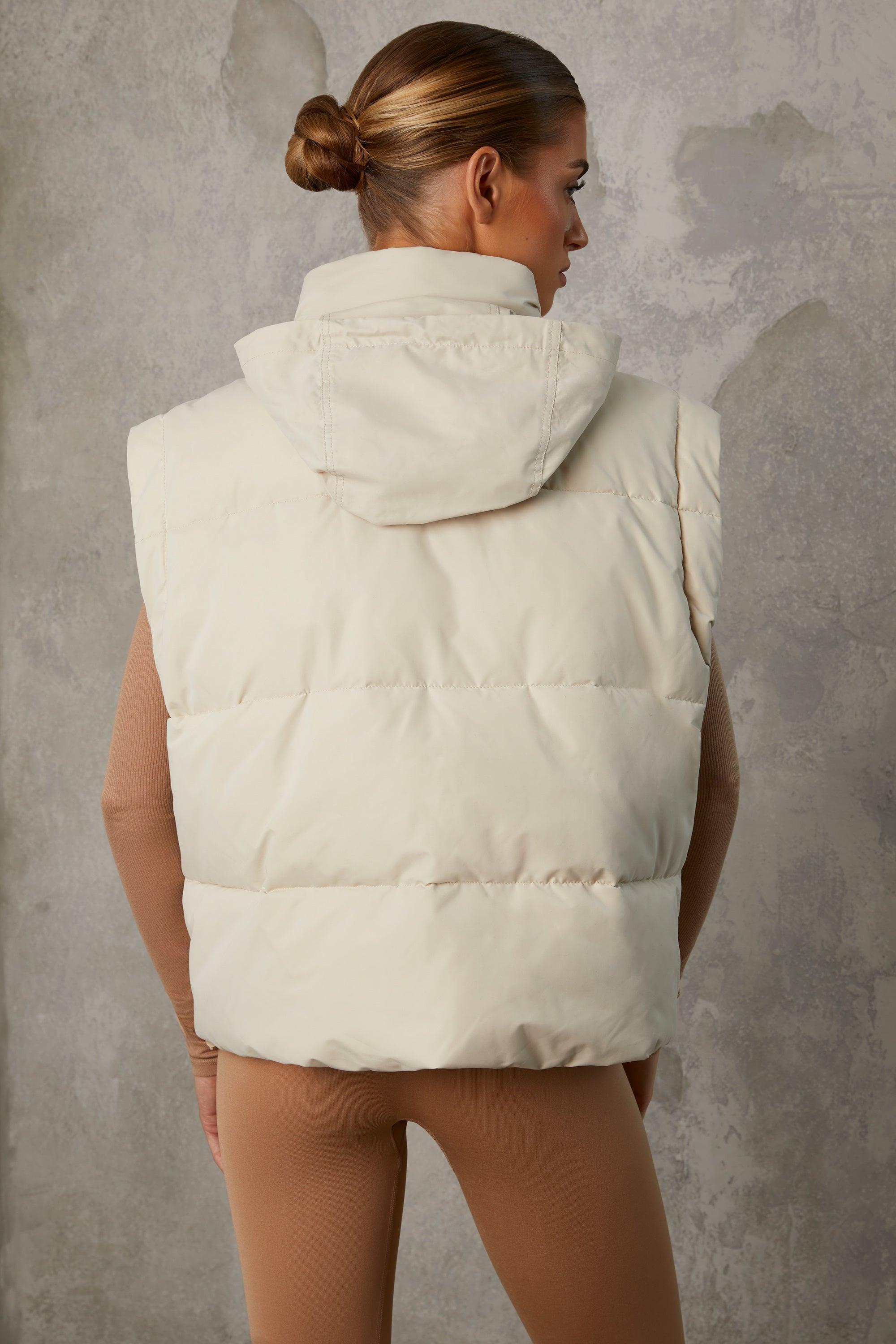 Cropped Puffer Jacket with Detachable Sleeves in Sand Product Image