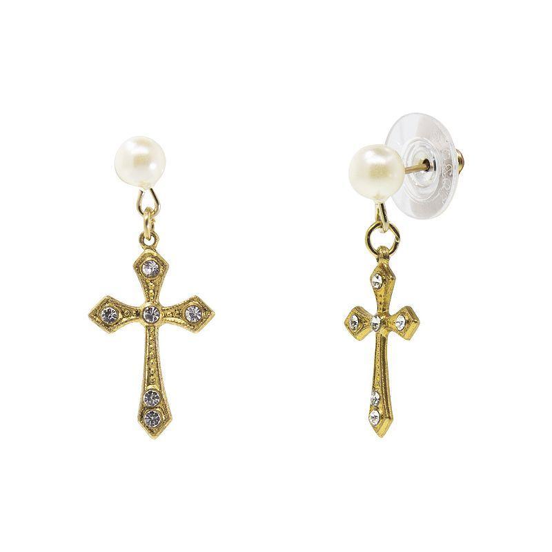 Symbols Of Faith Gold Tone Crystal Cross With Pearl Stud Drop Earrings Product Image