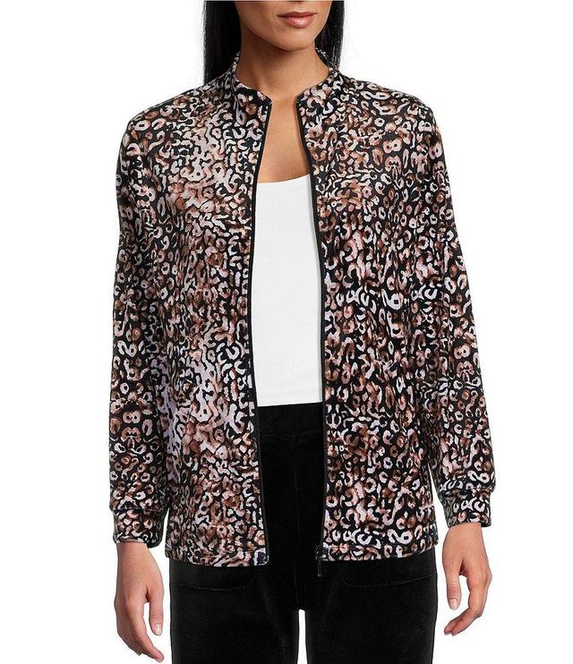 Leo & Nicole Petite Size Velour Golden Spots Print Stand Collar Long Sleeve Pocketed Zip Front Jacket Product Image