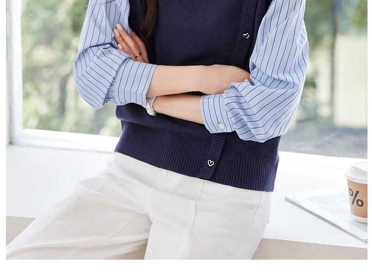 Mock Two-Piece Long-Sleeve Collar Striped Panel Asymmetrical Button Sweatshirt Product Image