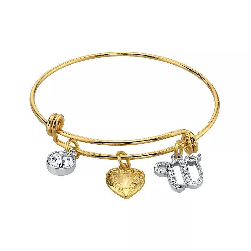 1928 Two Tone Crystal, Heart & Initial Charm Bangle Bracelet, Womens Product Image