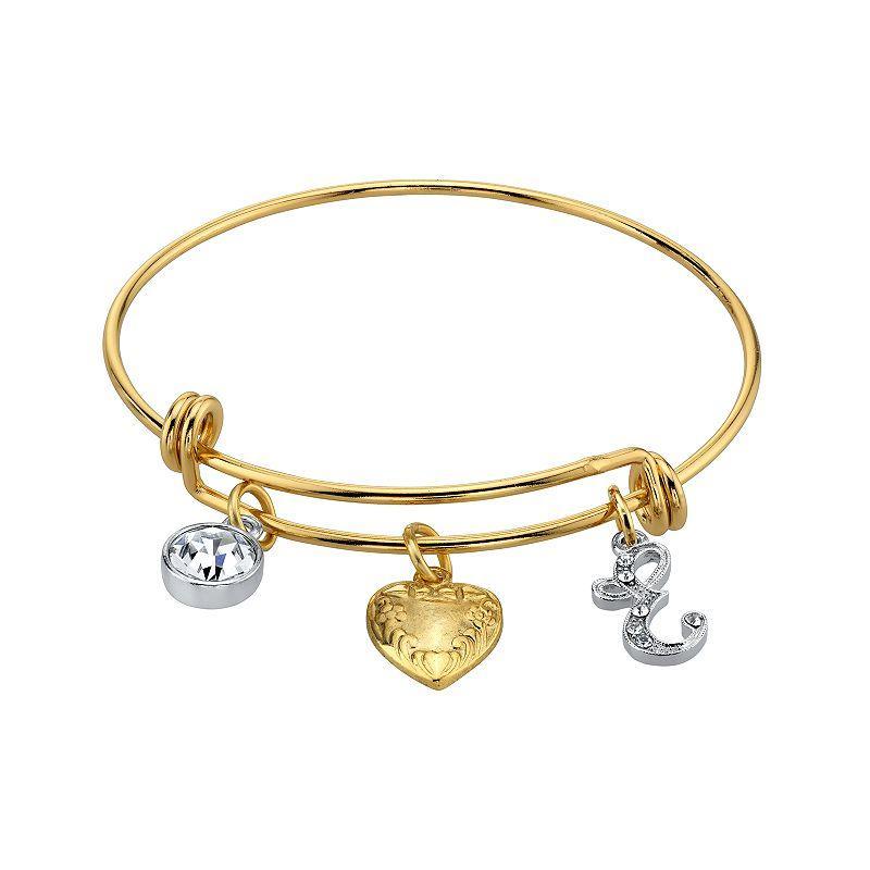 1928 Two Tone Crystal, Heart & Initial Charm Bangle Bracelet, Womens Product Image