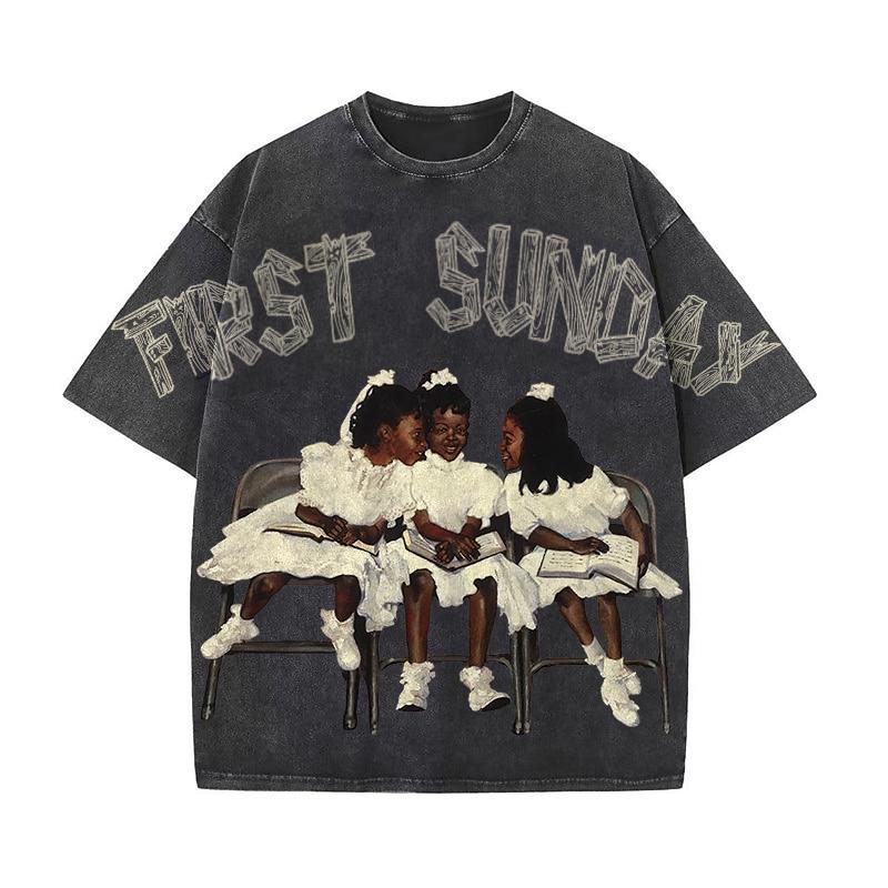 First Sunday Retro Graphic Print Acid Washed T-Shirt Product Image