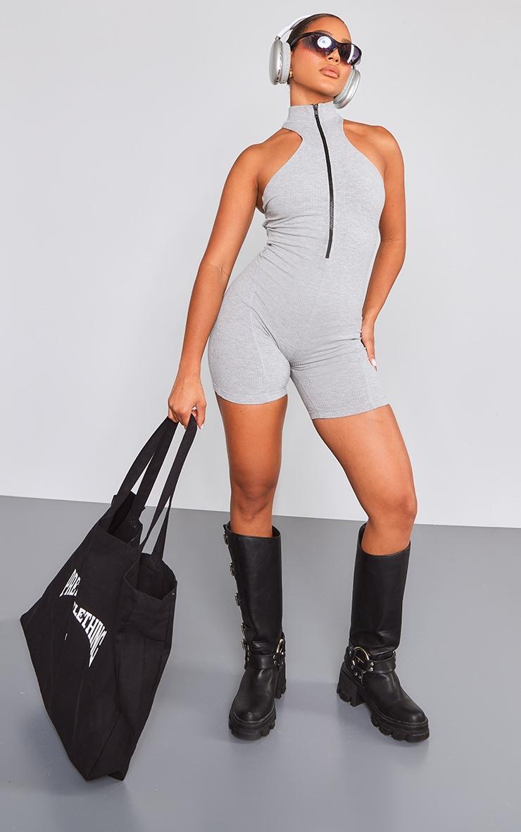 Grey Rib Zip Front Open Back Romper Product Image