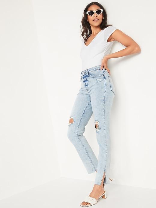 High-Waisted Button-Fly OG Straight Ripped Side-Slit Jeans Product Image