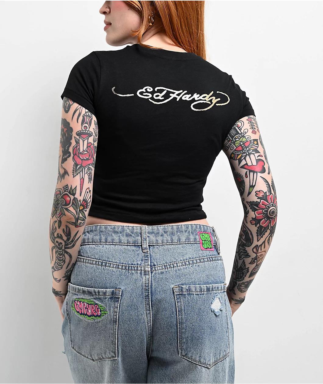 Ed Hardy Orchid Black Crop T-Shirt Product Image