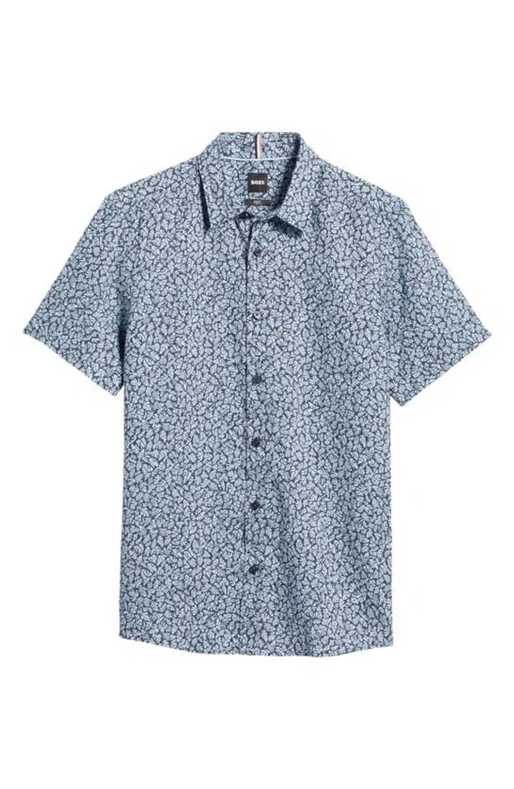 HUGO BOSS Liam Leaf Print Short Sleeve Stretch Linen Button-up Shirt In Lt Past/bu Product Image