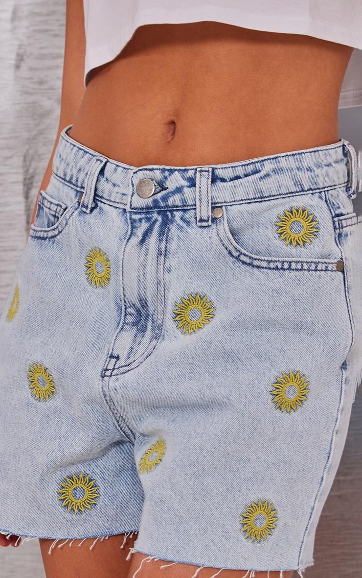 Light Blue Wash Sun Embroidered Denim Mom Shorts Product Image