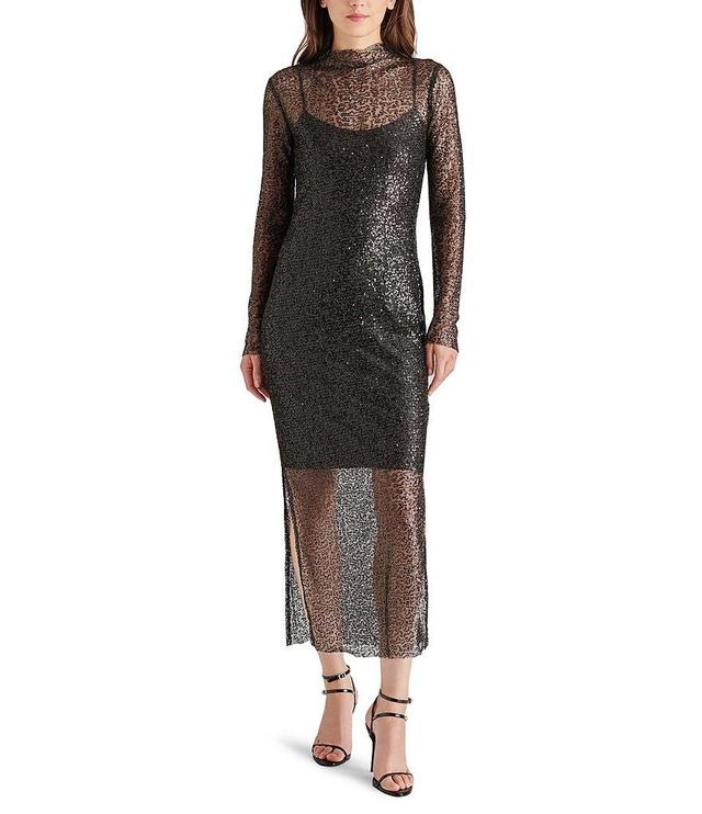 Steve Madden Blakley Sequin Mesh Mock Neck Long Sleeve Side Slit Midi Dress Product Image