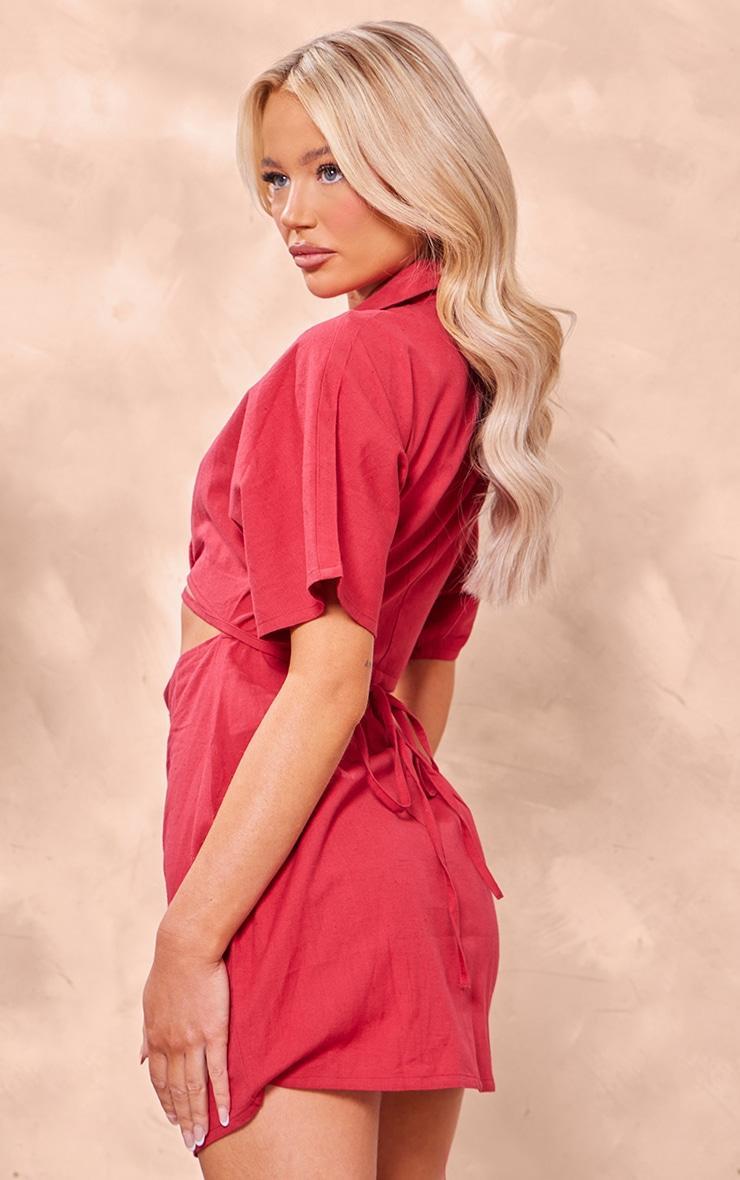 Red Linen Look Cut Out Waist Button Skirt Shirt Dress Product Image