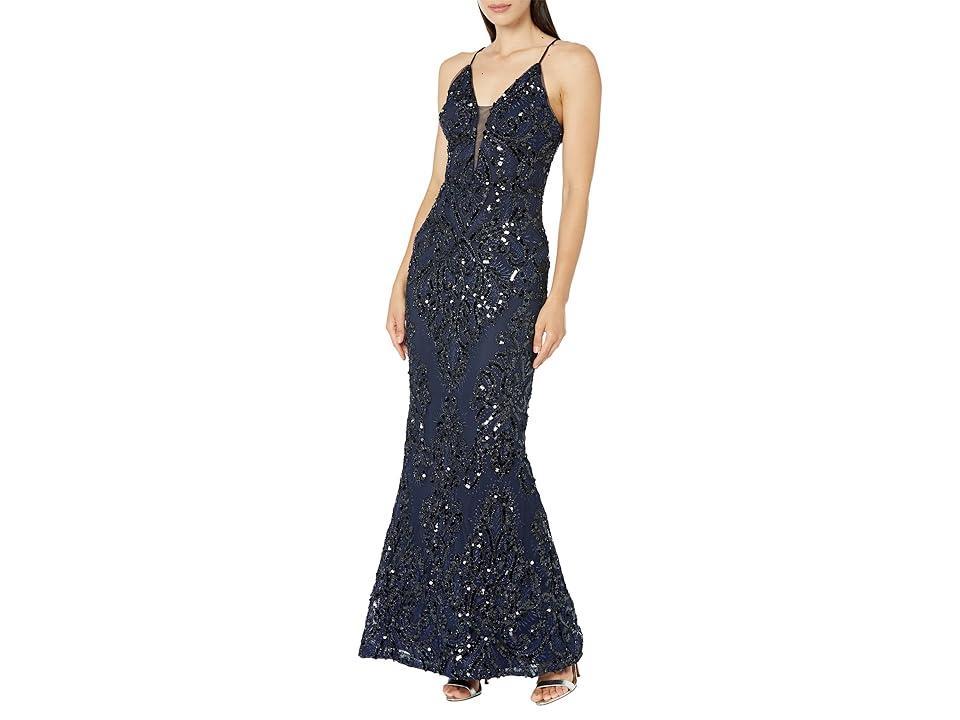 Betsy & Adam Womens Sequined Spaghetti-Strap Illusion-Neck Gown Product Image