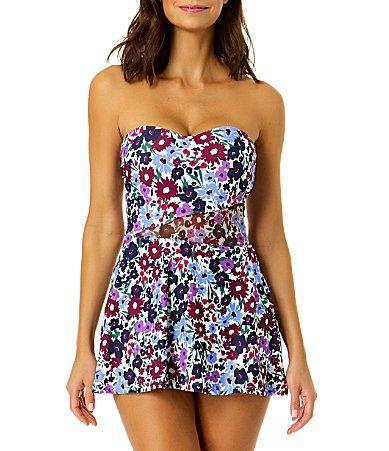 Anne Cole Meadow Bouquet Ditsy Floral Print Strapless Mesh Inset Skirted One Piece Swim Dress Product Image