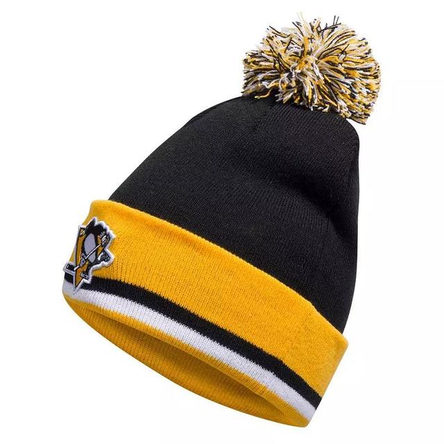 Mens adidas Pittsburgh Penguins Team Stripe Cuffed Knit Hat with Pom Product Image