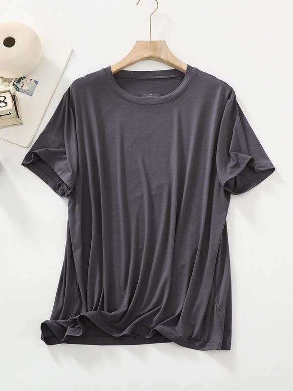 Loose Short Sleeves Solid Color Split-Joint Round-Neck T-Shirts Tops Product Image