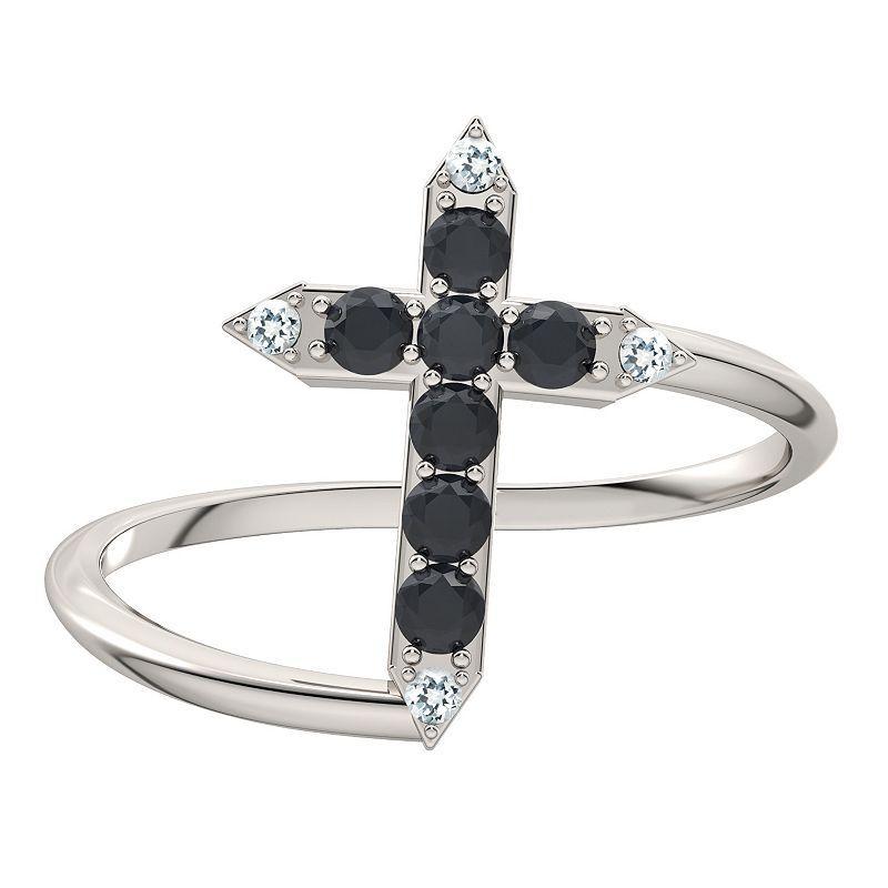 Sterling Silver Black Onyx & Diamond Cross Bypass Ring, Womens Product Image