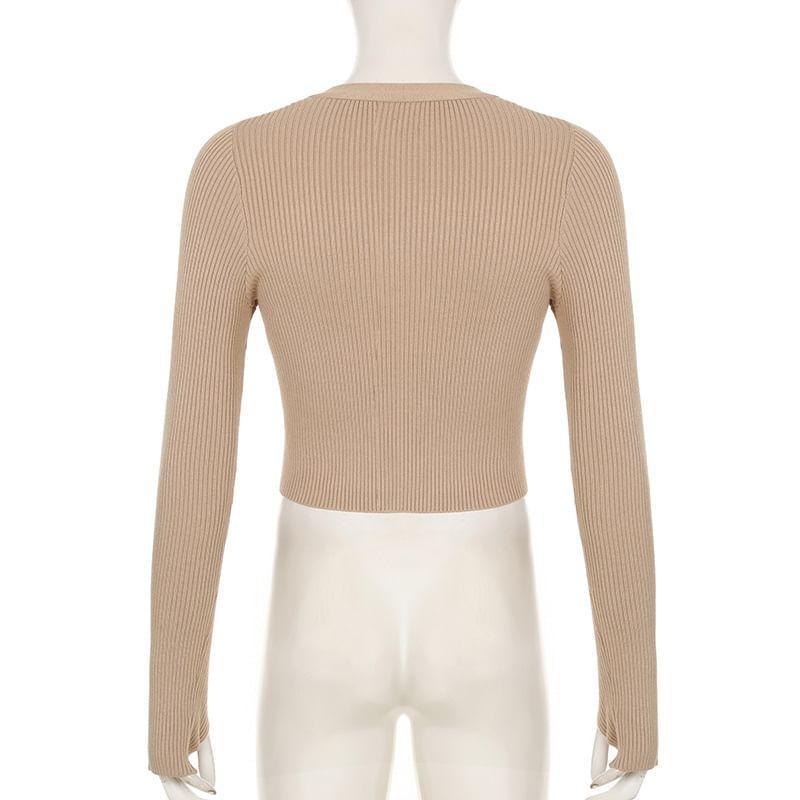 Long-Sleeve V-Neck Plain Ribbed Button Crop Knit Top Product Image