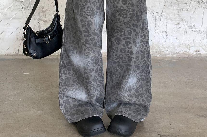 Mid Waist Leopard Print Wide Leg Jeans Product Image