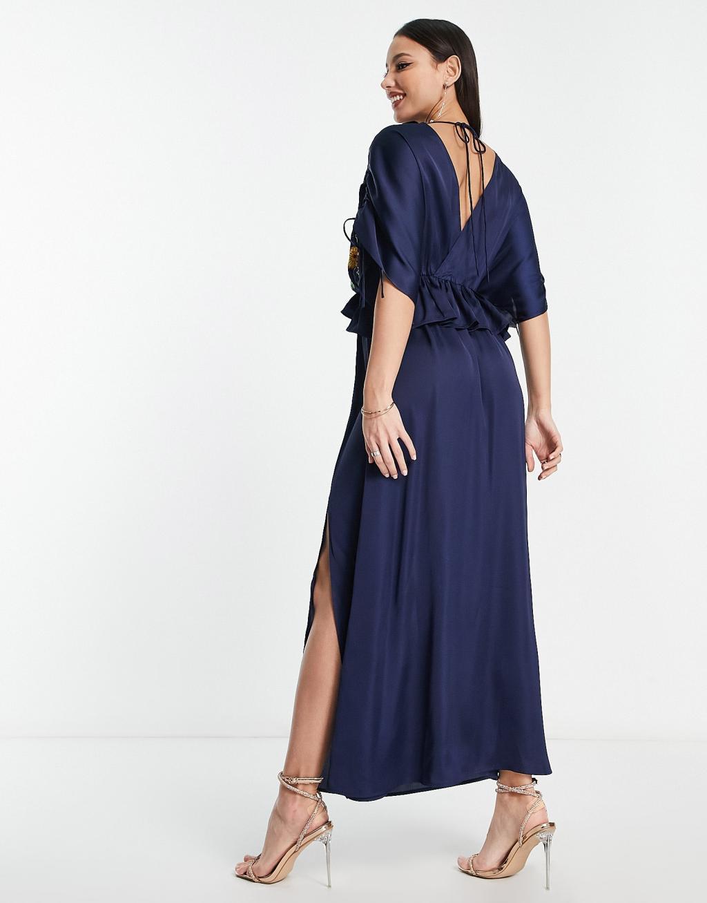 ASOS DESIGN Tall embroidered satin midi dress with frill waist in navy Product Image