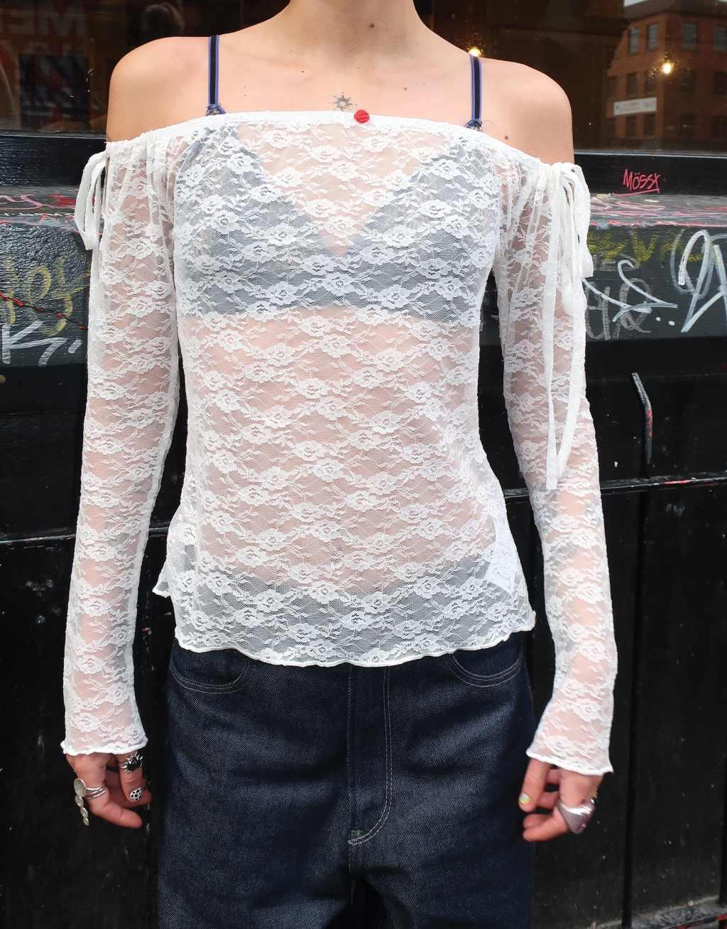 Labelrail x Daisy Birchall rosebud detail lace long sleeve top in white Product Image