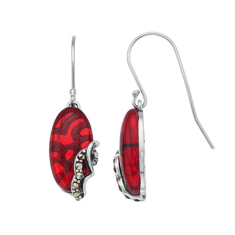 Tori Hill Sterling Silver Marcasite & Red Glass Oval Drop Earrings, Womens Product Image