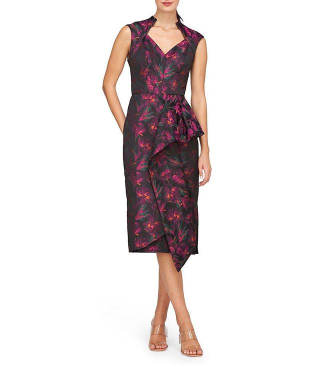 Kay Unger Floral Jacquard V-Neck Cap Sleeve Ruffle Midi Dress Product Image