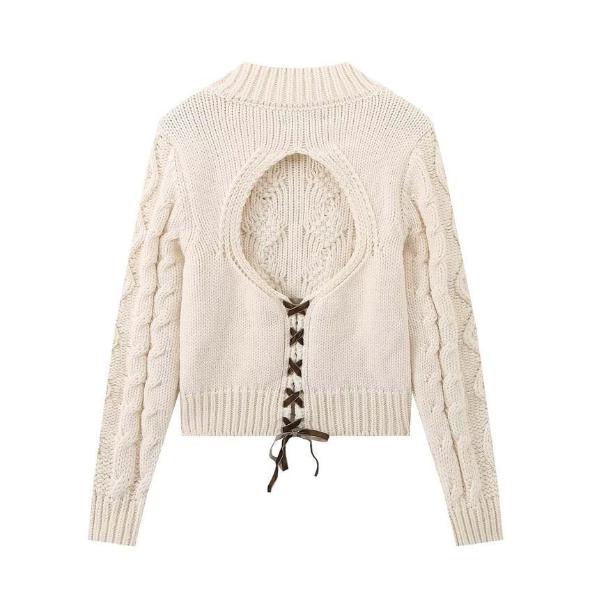 Mock Neck Plain Cable Knit Crop Sweater Product Image